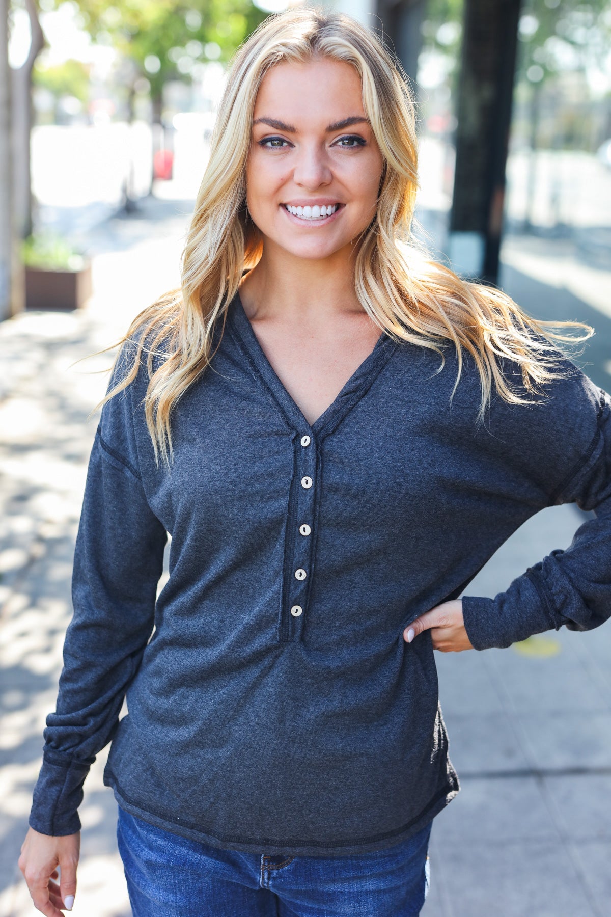 Charcoal Henley Button Down V Neck Top