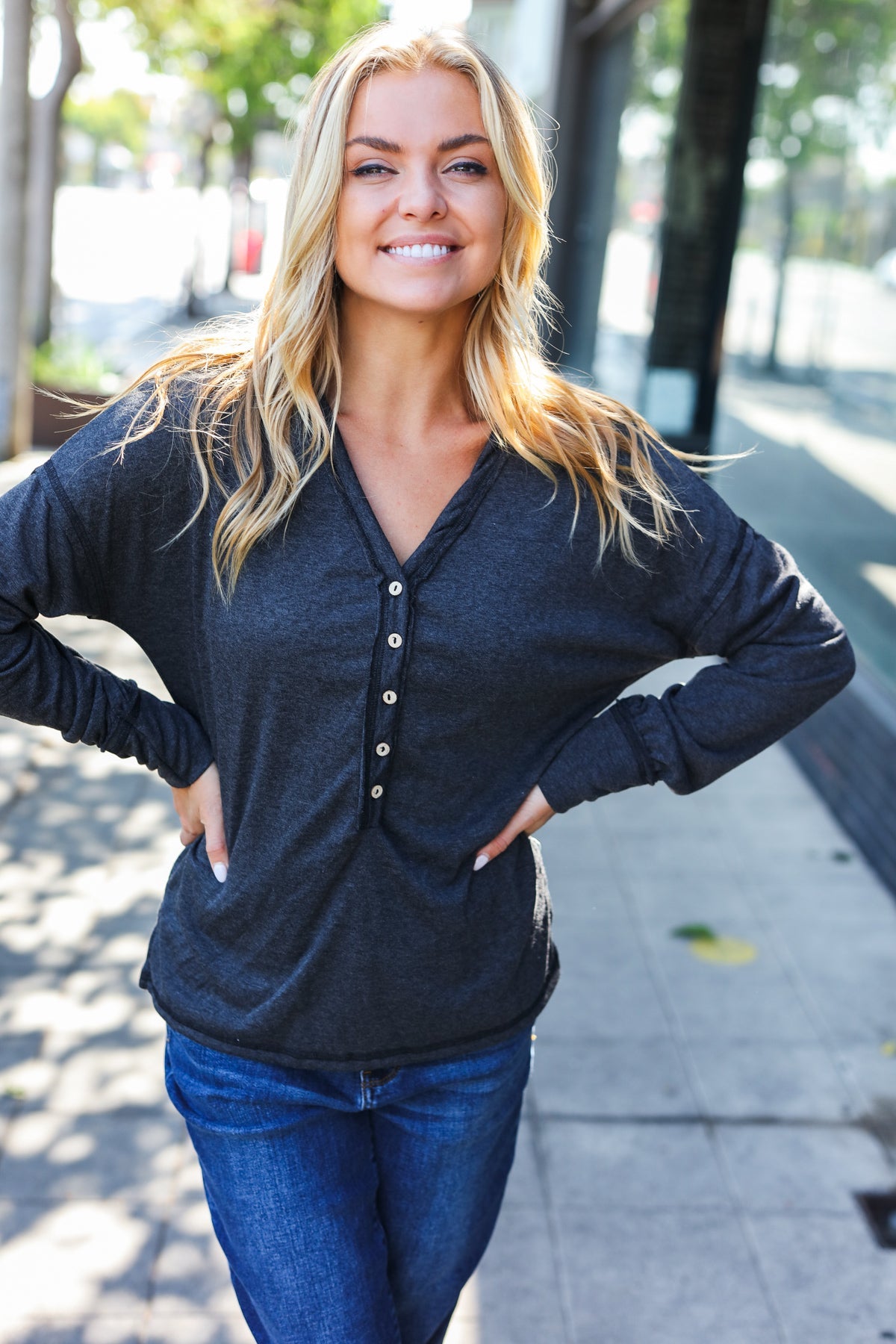 Charcoal Henley Button Down V Neck Top