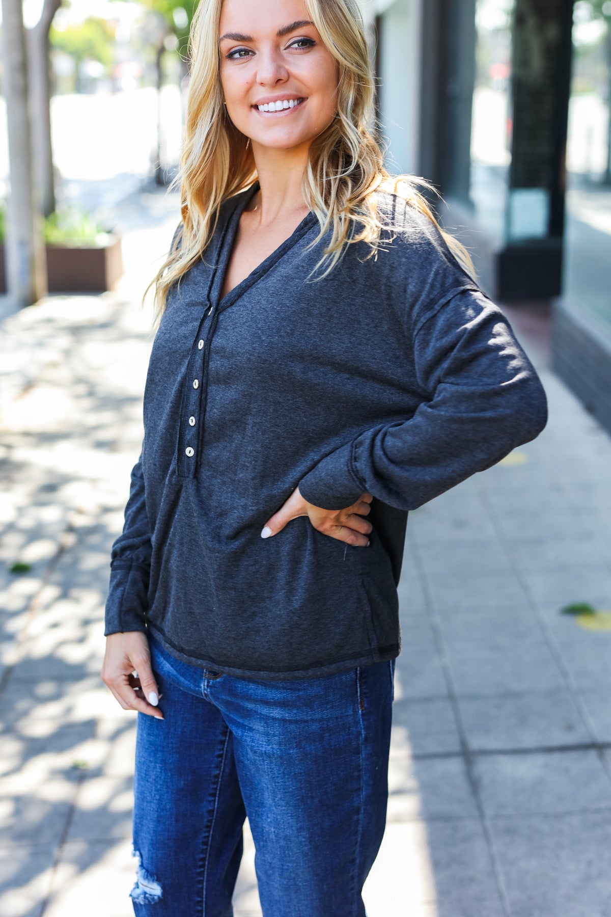 Charcoal Henley Button Down V Neck Top