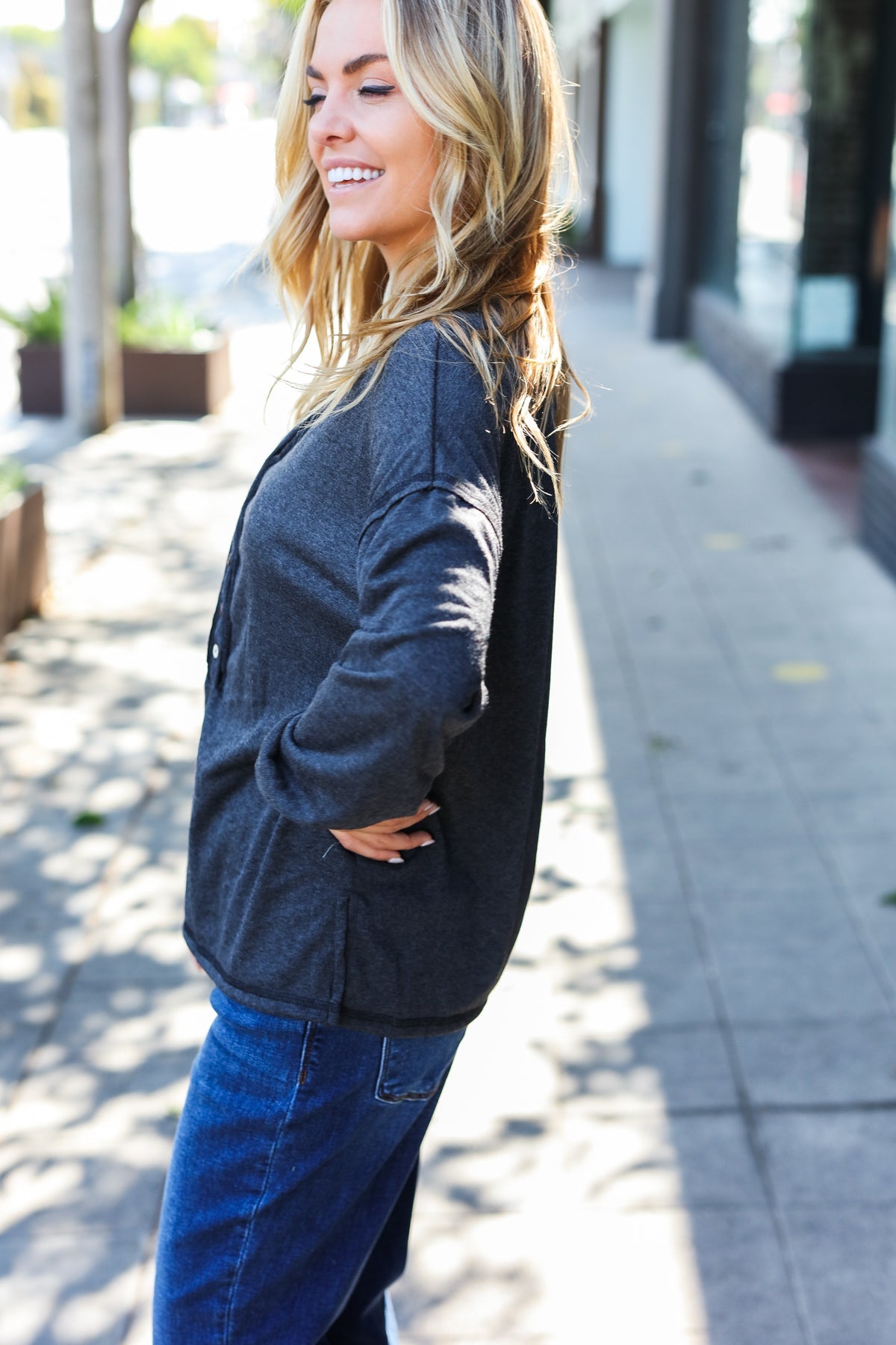 Charcoal Henley Button Down V Neck Top