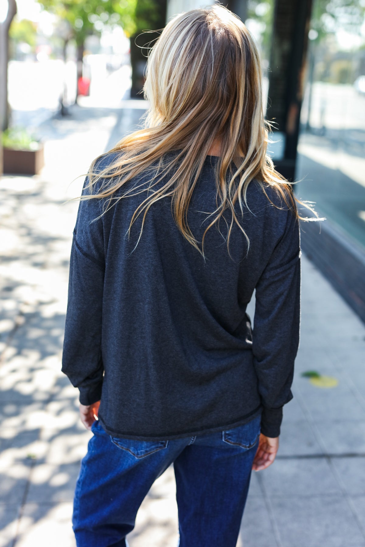 Charcoal Henley Button Down V Neck Top