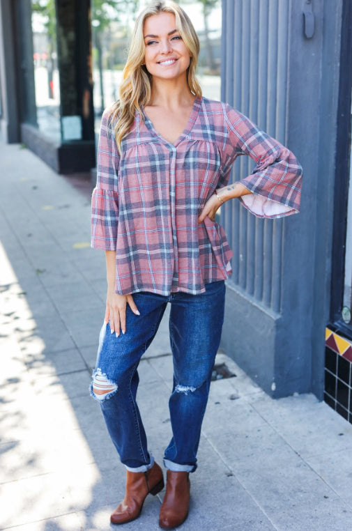 Mauve Plaid V Neck Bell Sleeve Top