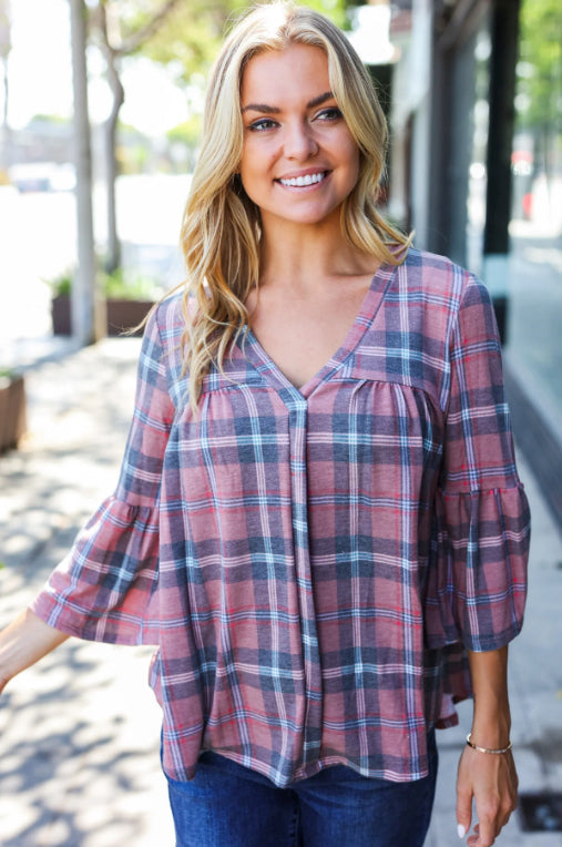 Mauve Plaid V Neck Bell Sleeve Top