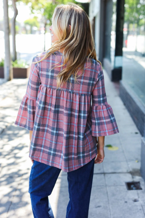 Mauve Plaid V Neck Bell Sleeve Top