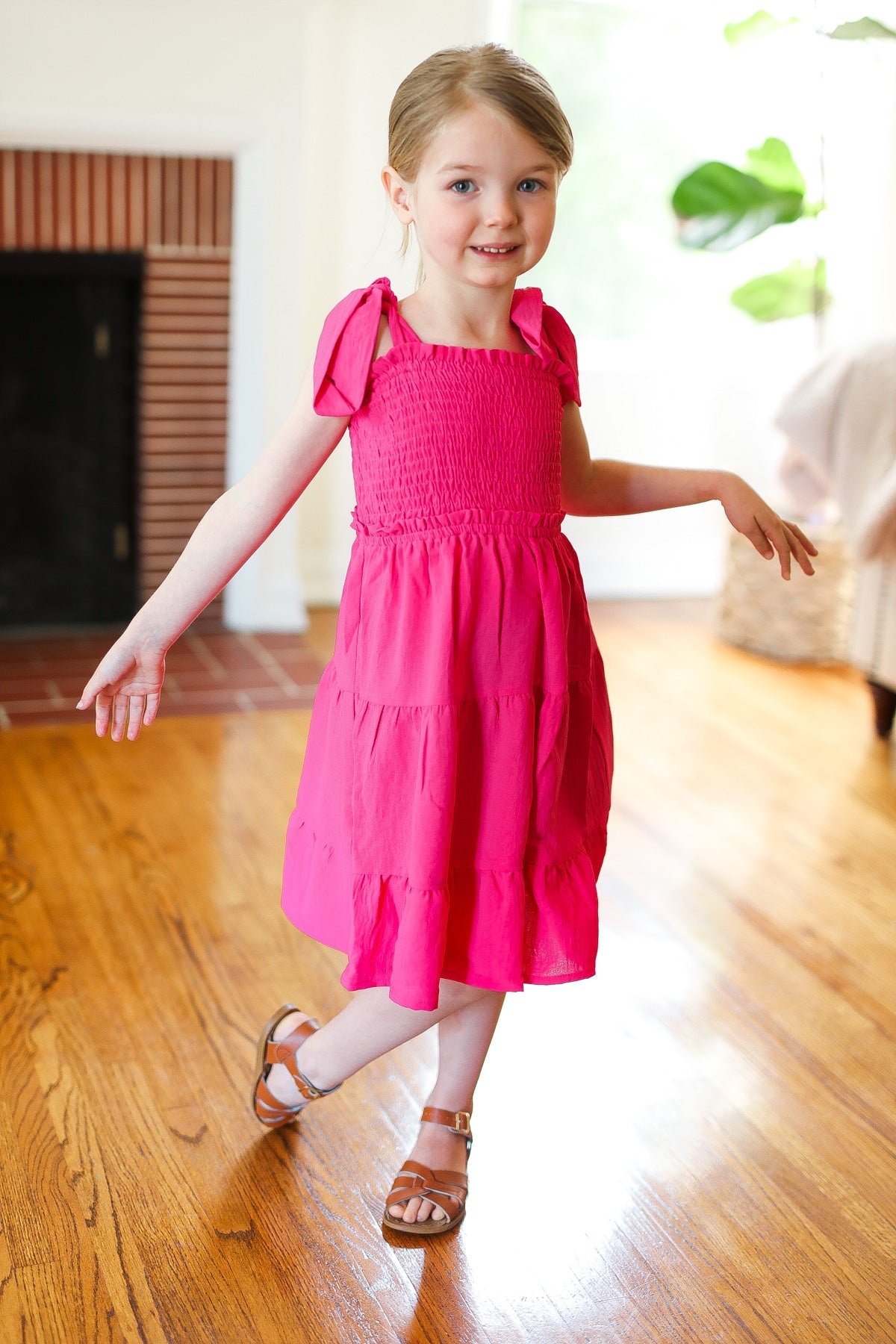 Pink Crepe Tiered Smocked Shoulder Tie Dress