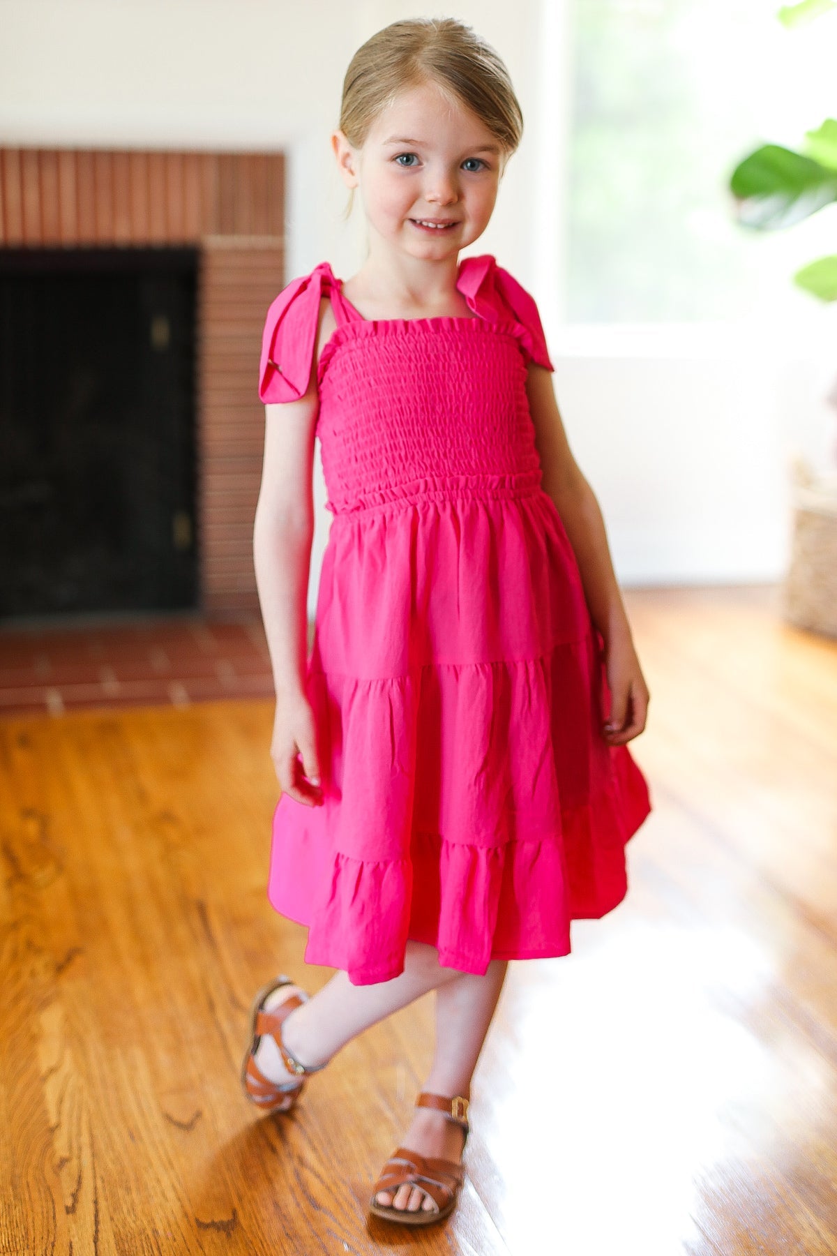 Pink Crepe Tiered Smocked Shoulder Tie Dress