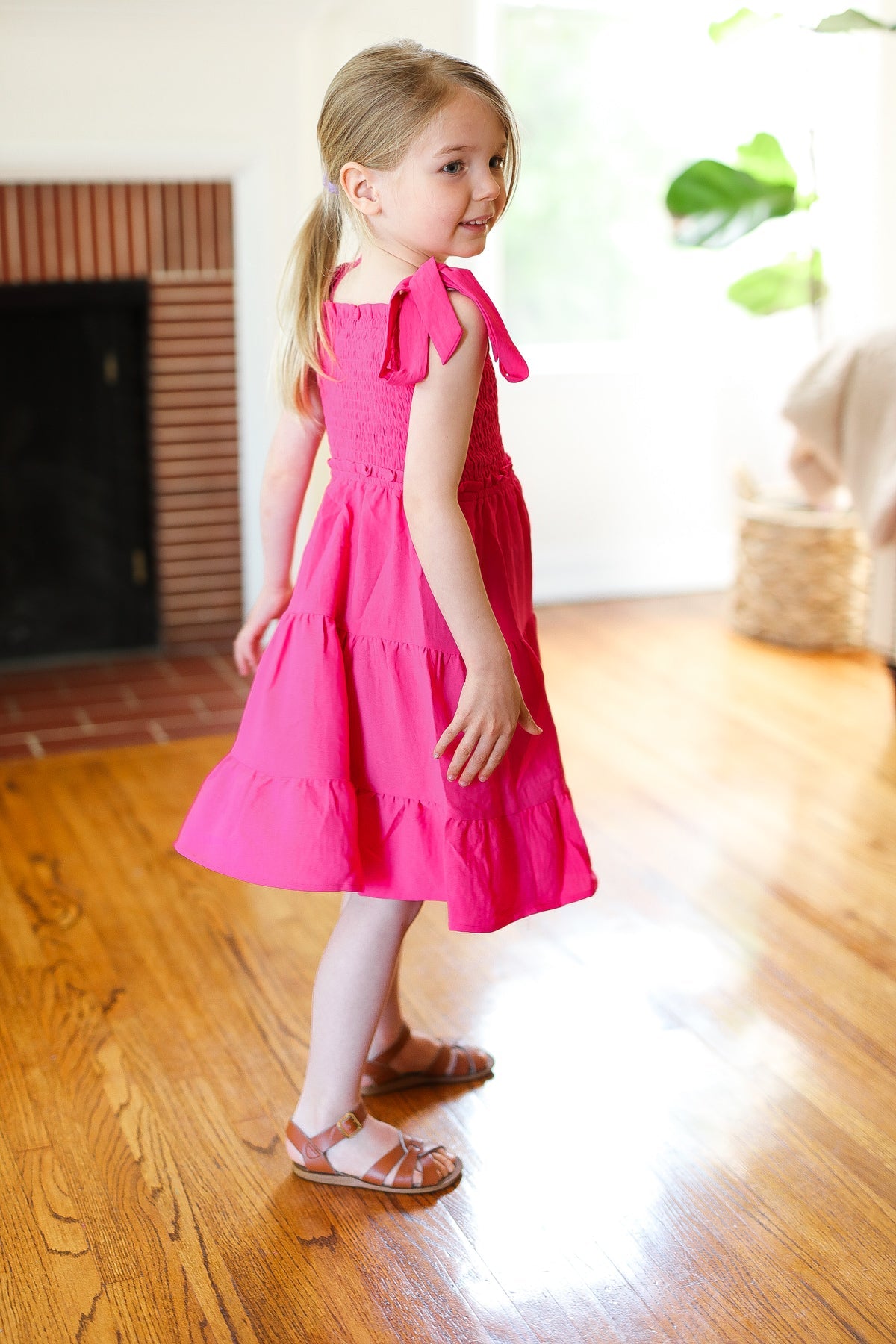 Pink Crepe Tiered Smocked Shoulder Tie Dress