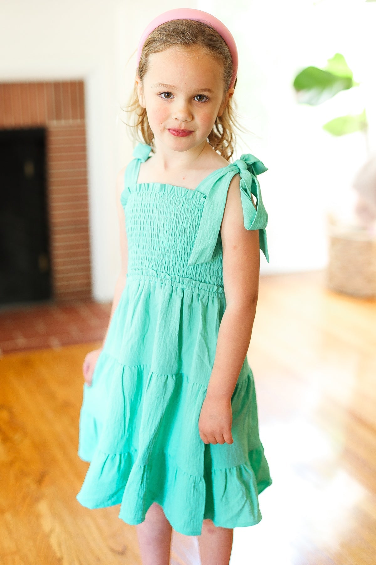 Mint Crepe Tiered Smocked Shoulder Tie Dress