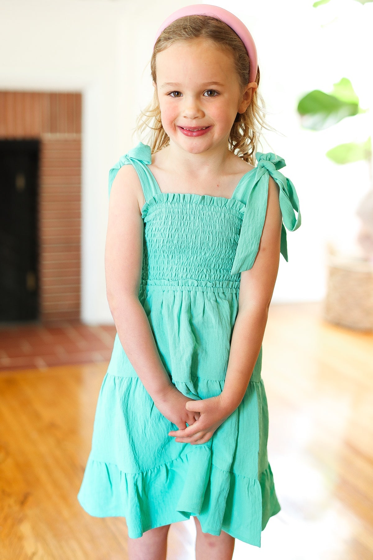 Mint Crepe Tiered Smocked Shoulder Tie Dress