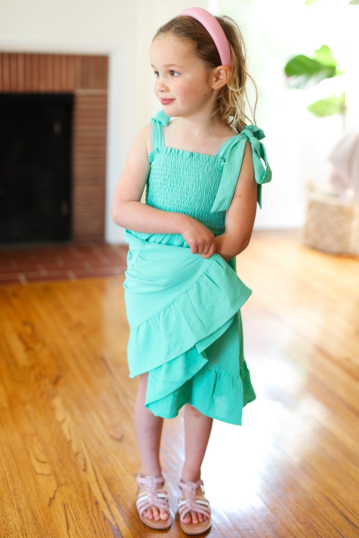 Mint Crepe Tiered Smocked Shoulder Tie Dress