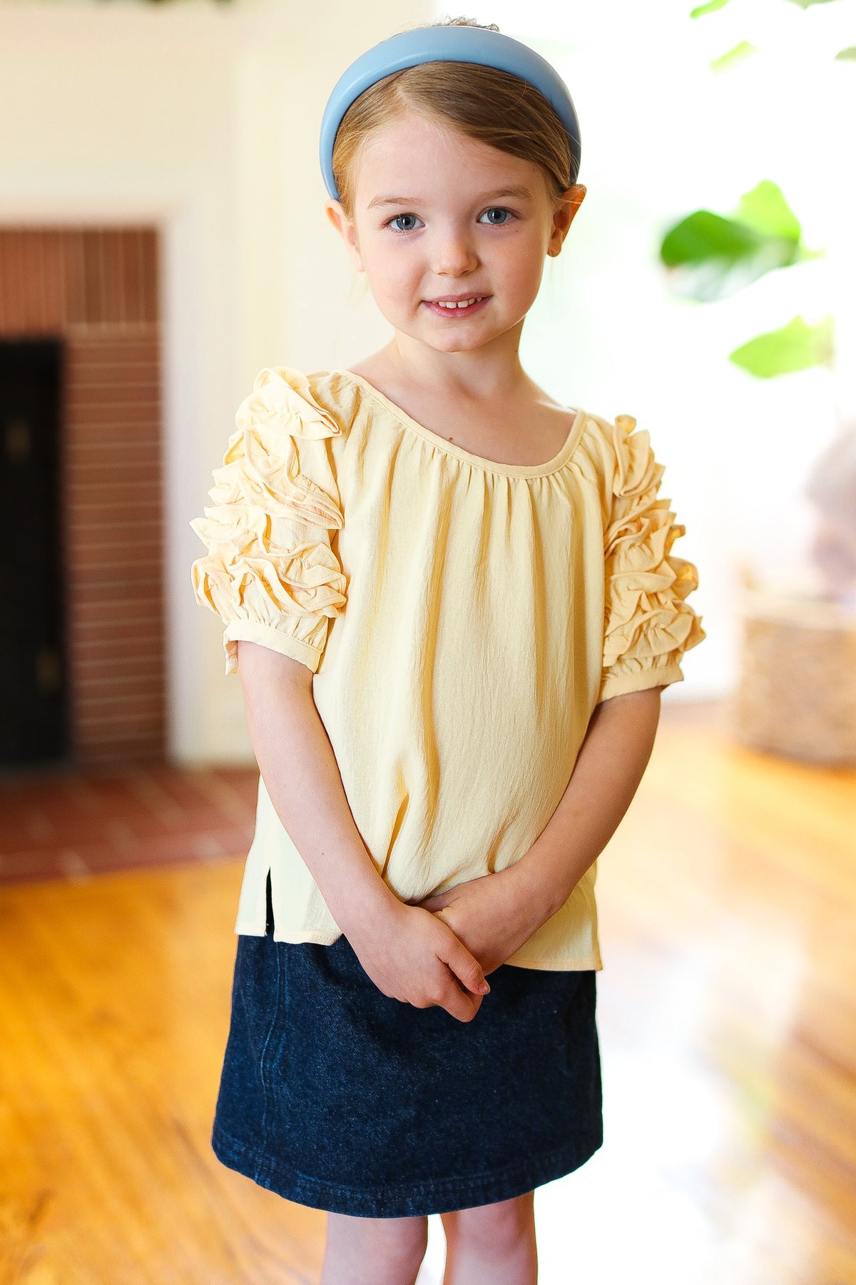 Lemon Crepe Tiered Ruffle Sleeve Blouse