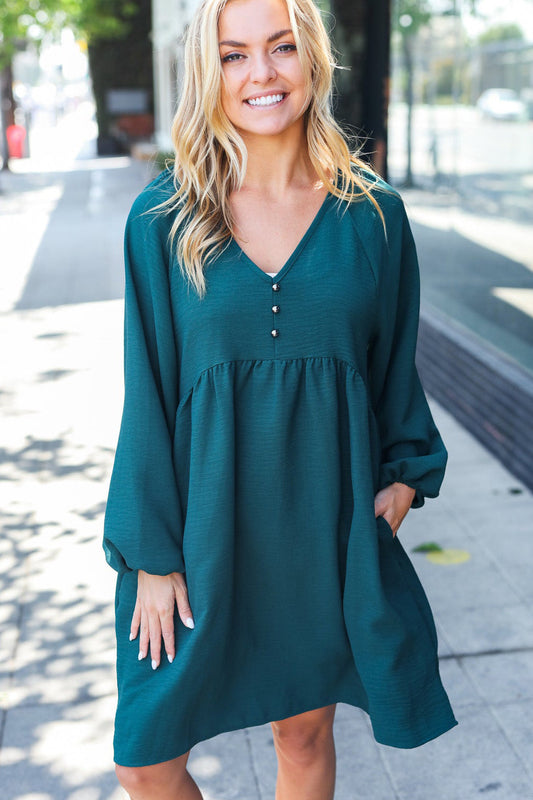 Hunter Green Woven Waffle V Neck Babydoll Dress