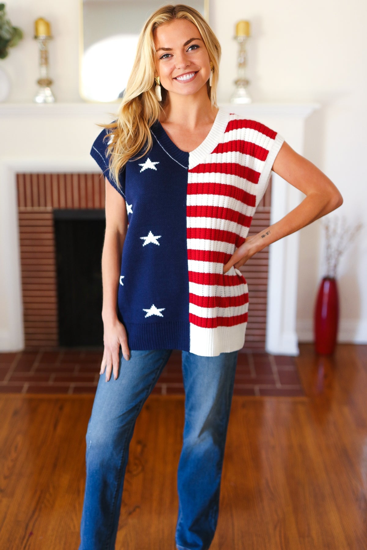 Stars & Stripes V Neck Dolman Sweater Top