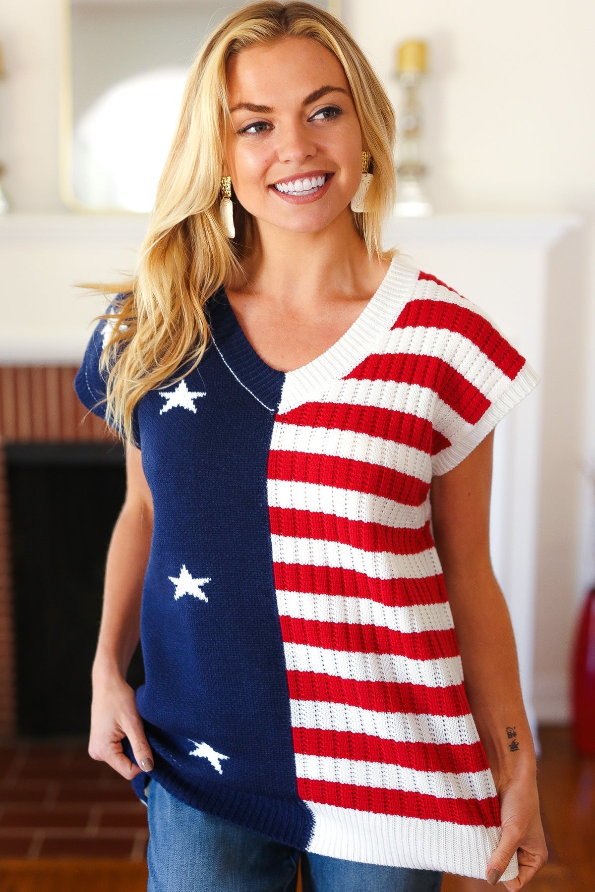 Stars & Stripes V Neck Dolman Sweater Top