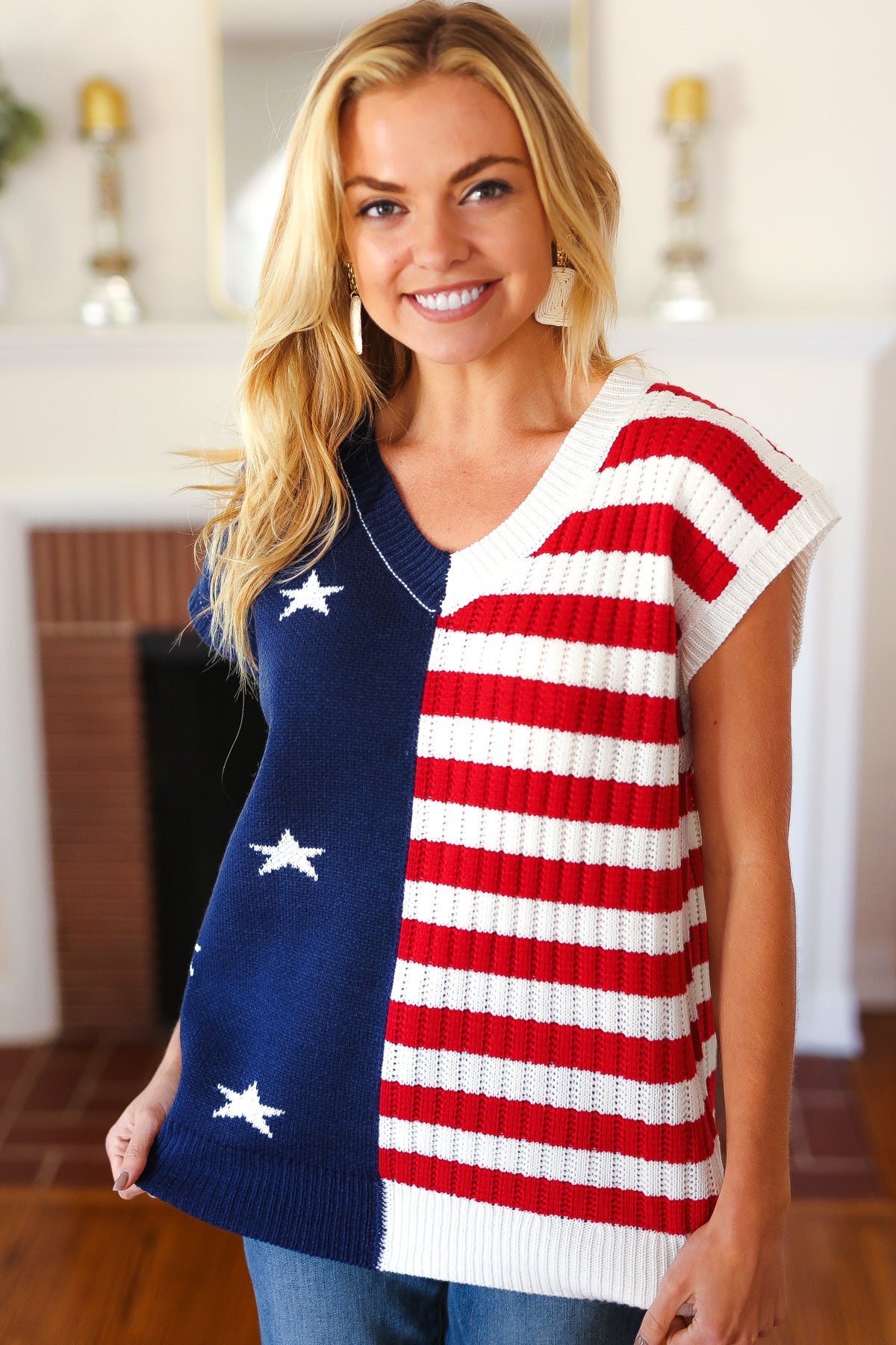 Stars & Stripes V Neck Dolman Sweater Top