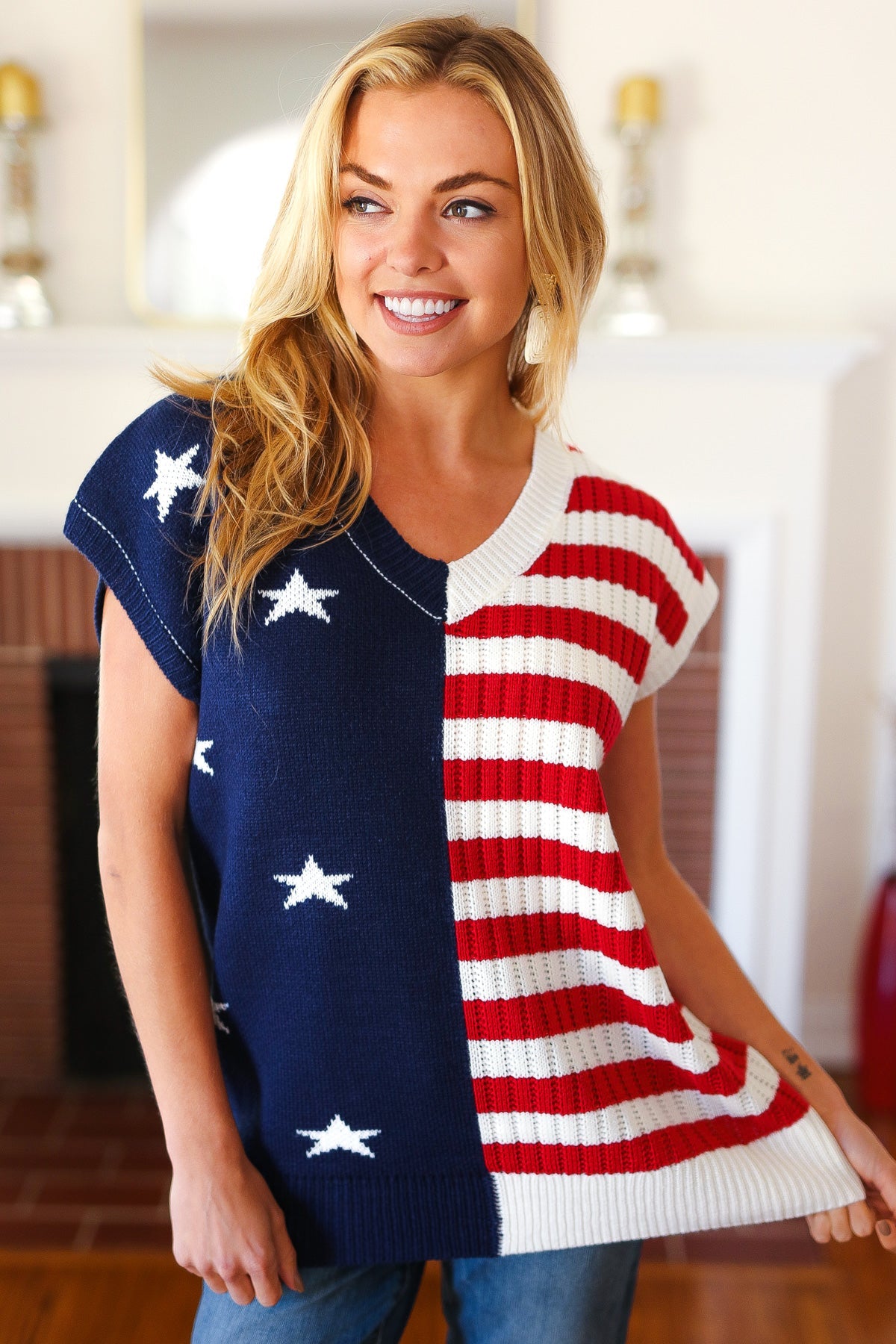 Stars & Stripes V Neck Dolman Sweater Top