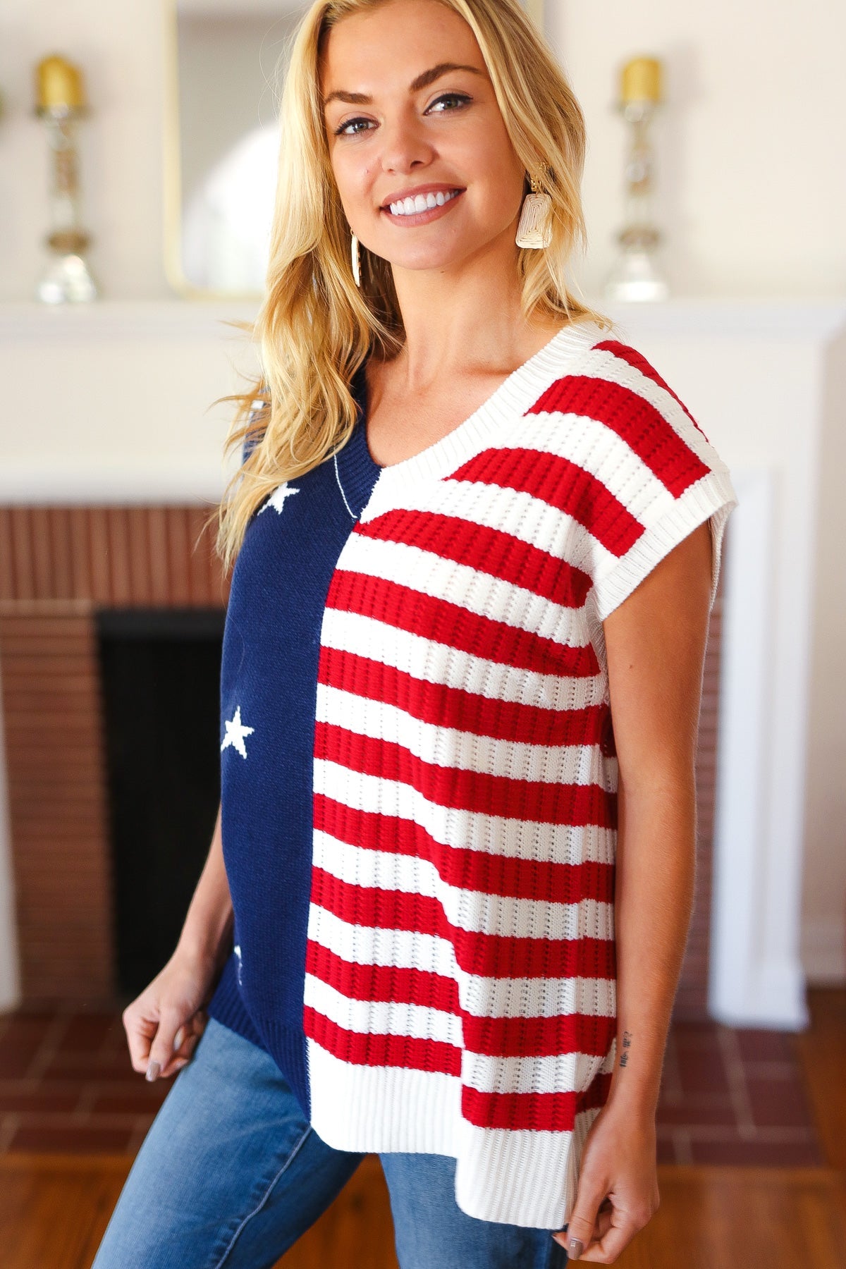 Stars & Stripes V Neck Dolman Sweater Top