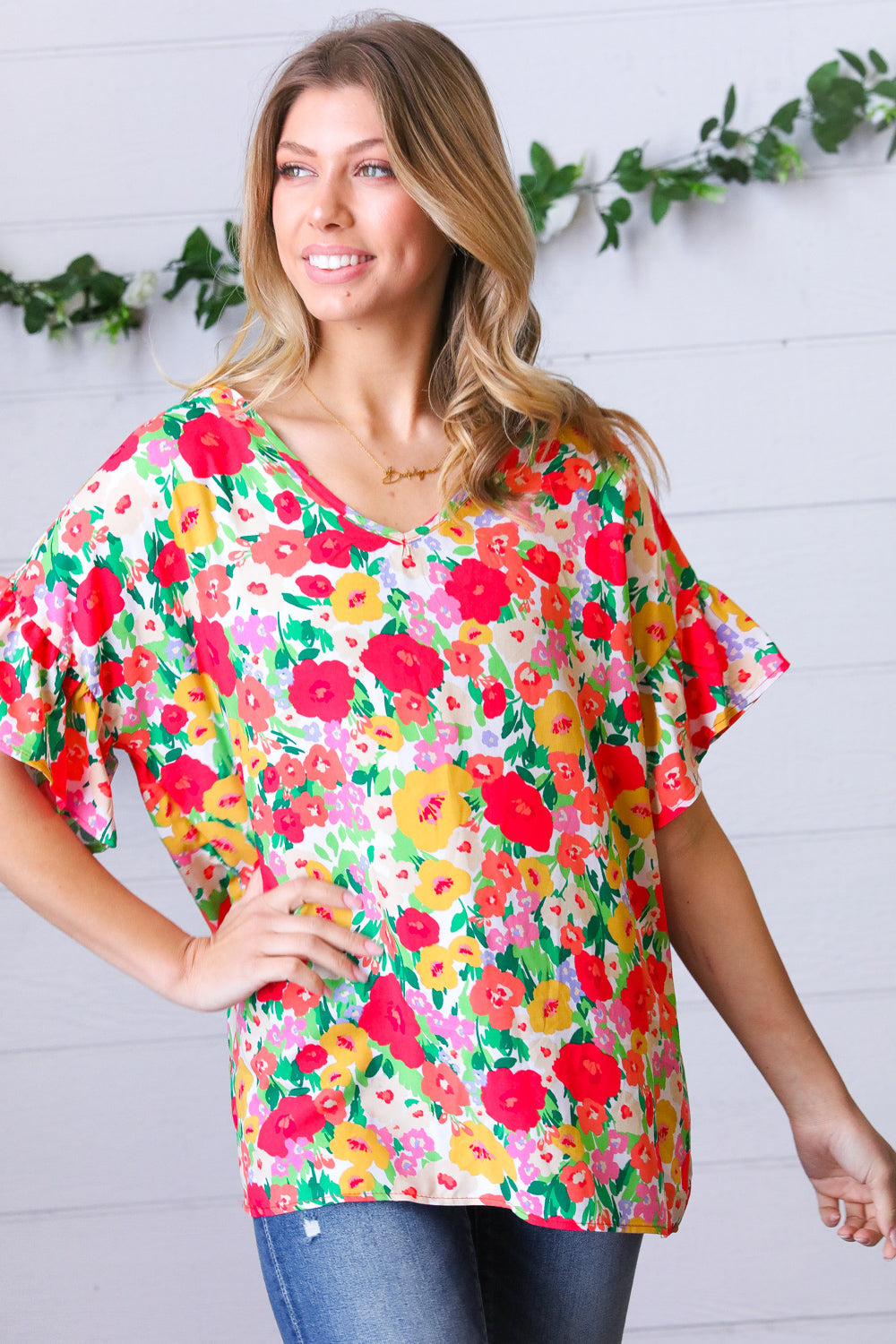 FINAL SALE - Defect - Red Floral Ruffle Sleeve V Neck Dolman Blouse - Size S