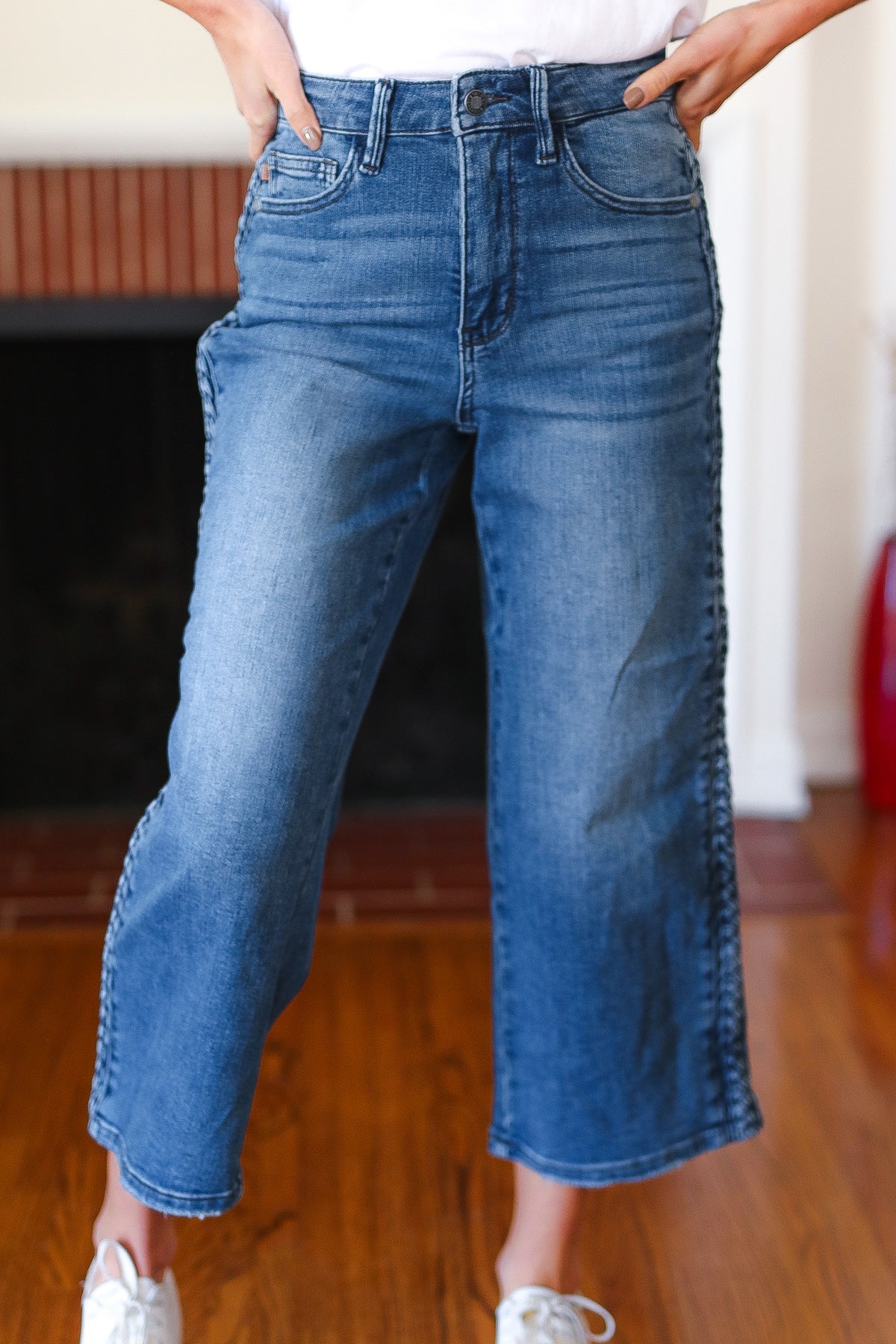 Medium Wash Braided Cropped Wide Leg Jeans