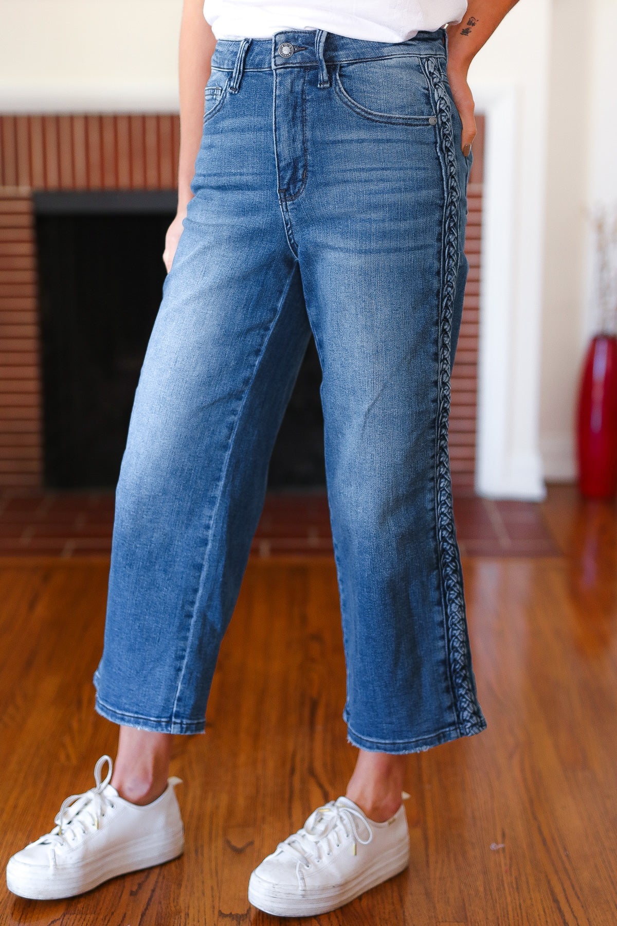 Medium Wash Braided Cropped Wide Leg Jeans