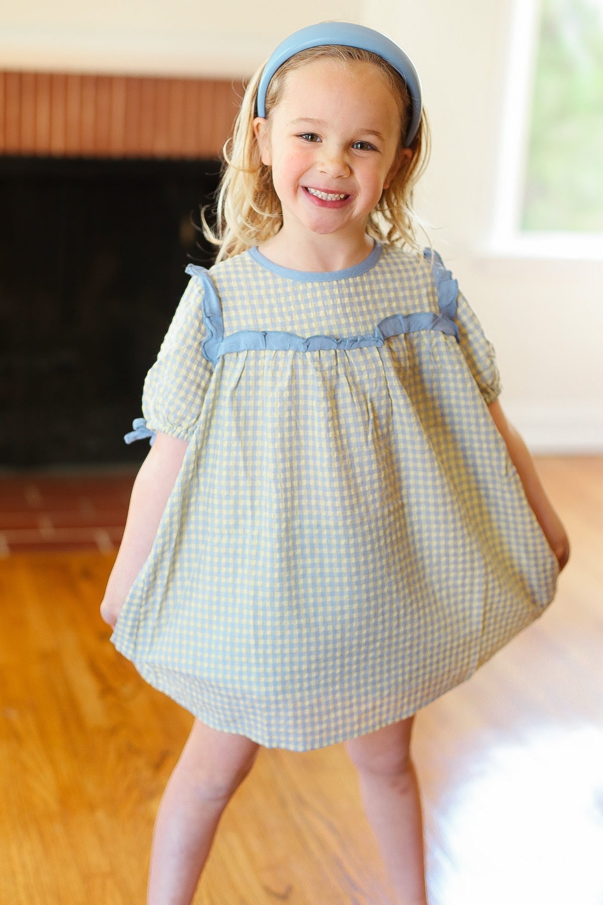 Blue Yellow Gingham Ruffle Shift Dress