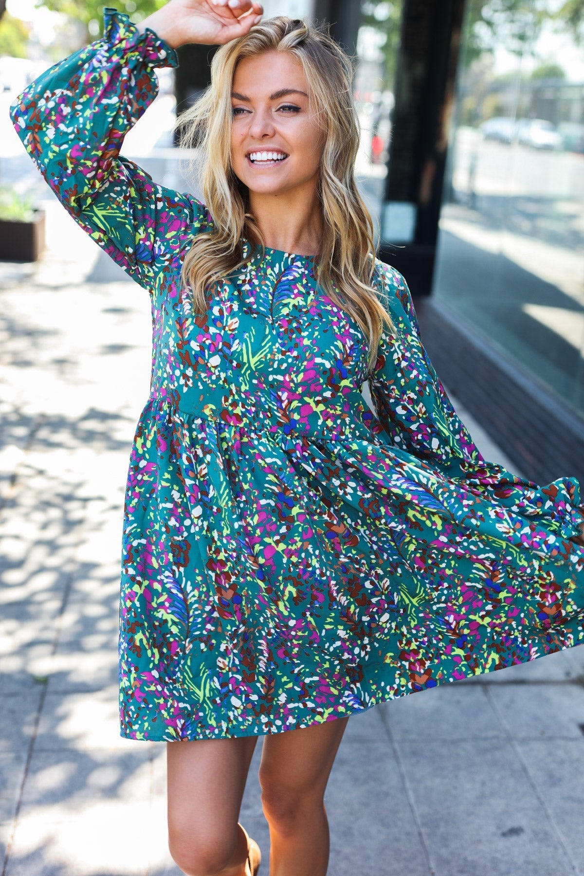 Hunter Green Floral Frill Sleeve Dress