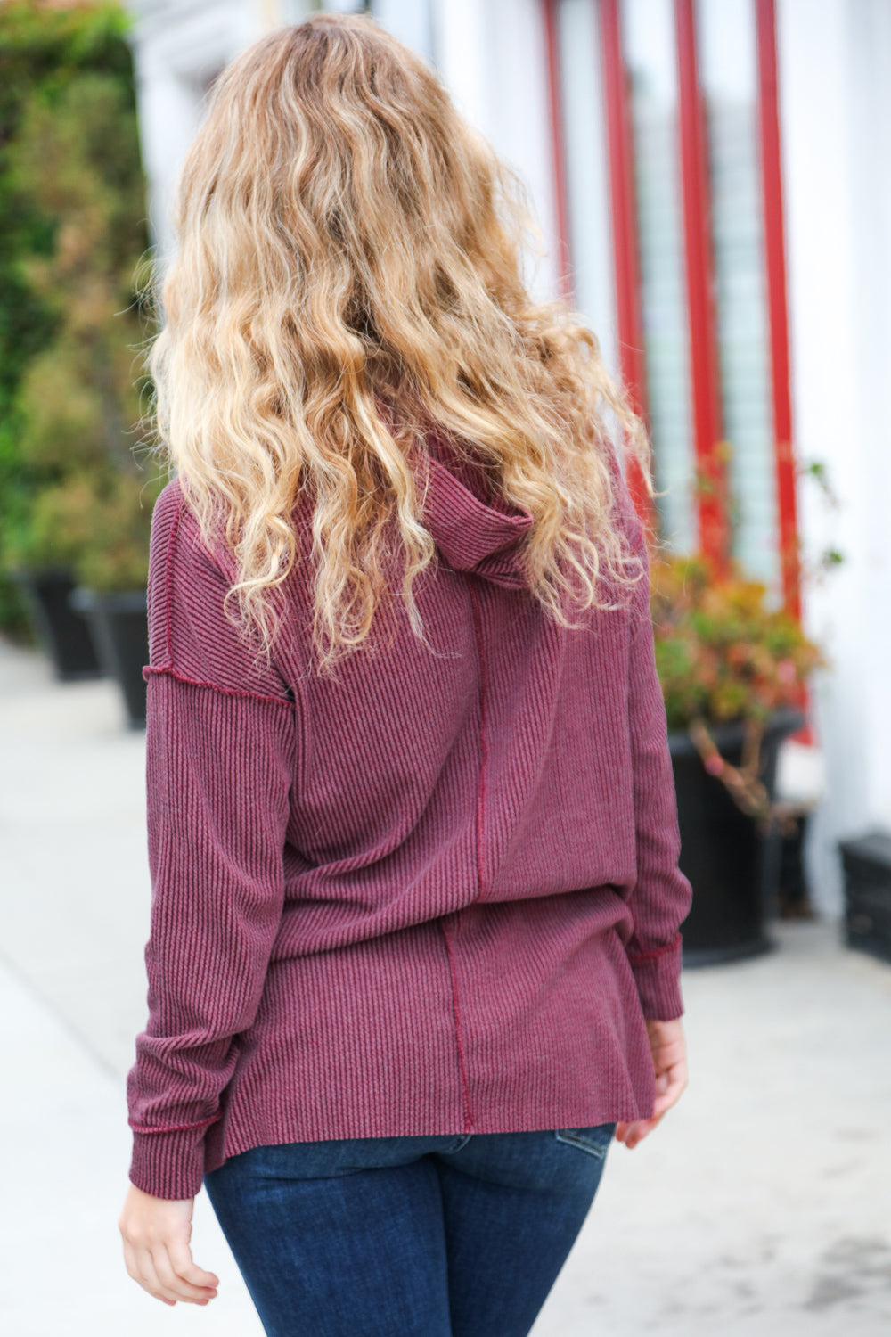 Burgundy Mineral Wash Rib Knit Hoodie