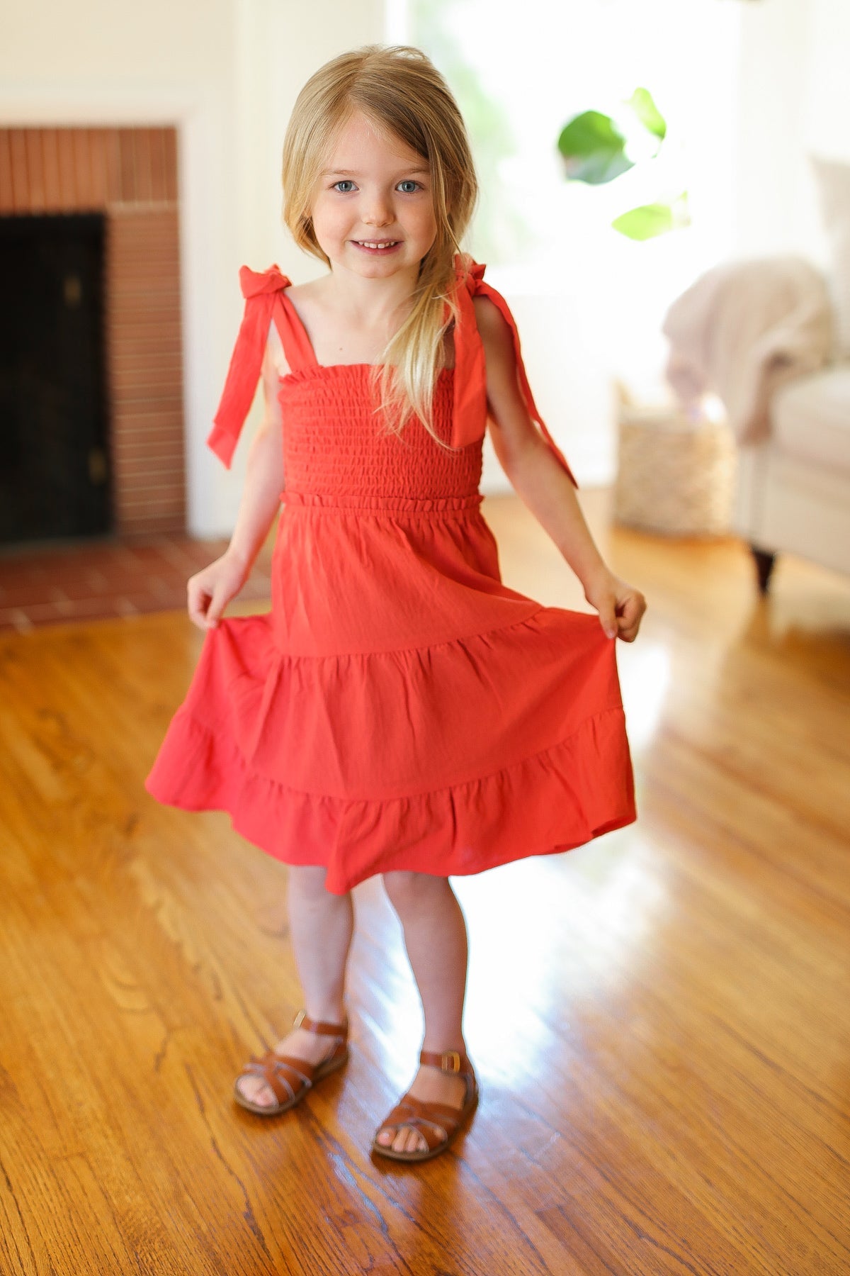 Paprika Crepe Tiered Smocked Shoulder Tie Dress