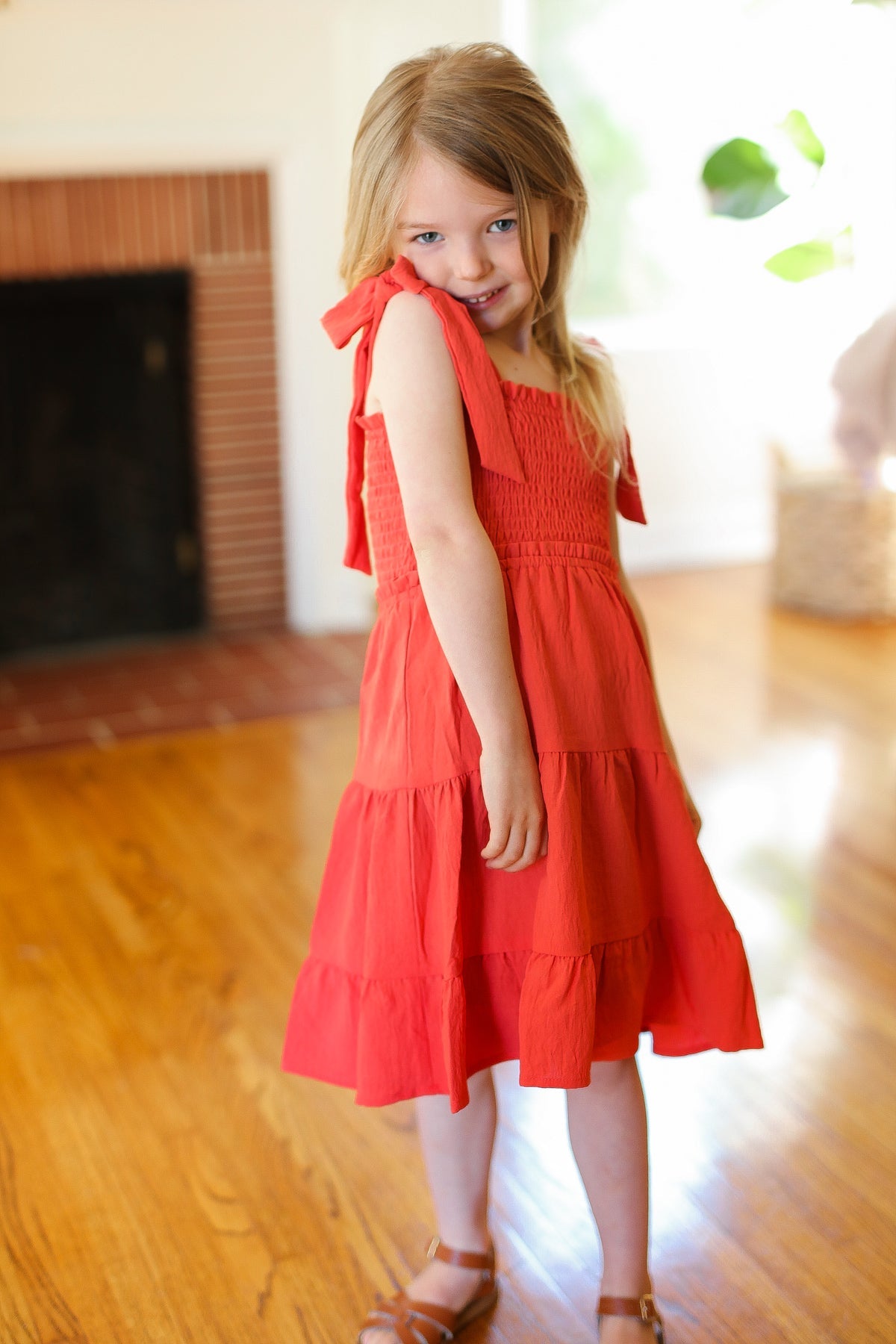 Paprika Crepe Tiered Smocked Shoulder Tie Dress