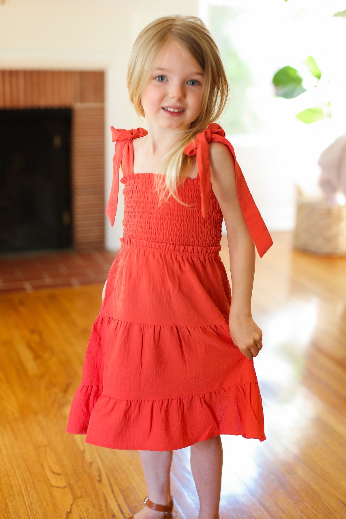 Paprika Crepe Tiered Smocked Shoulder Tie Dress