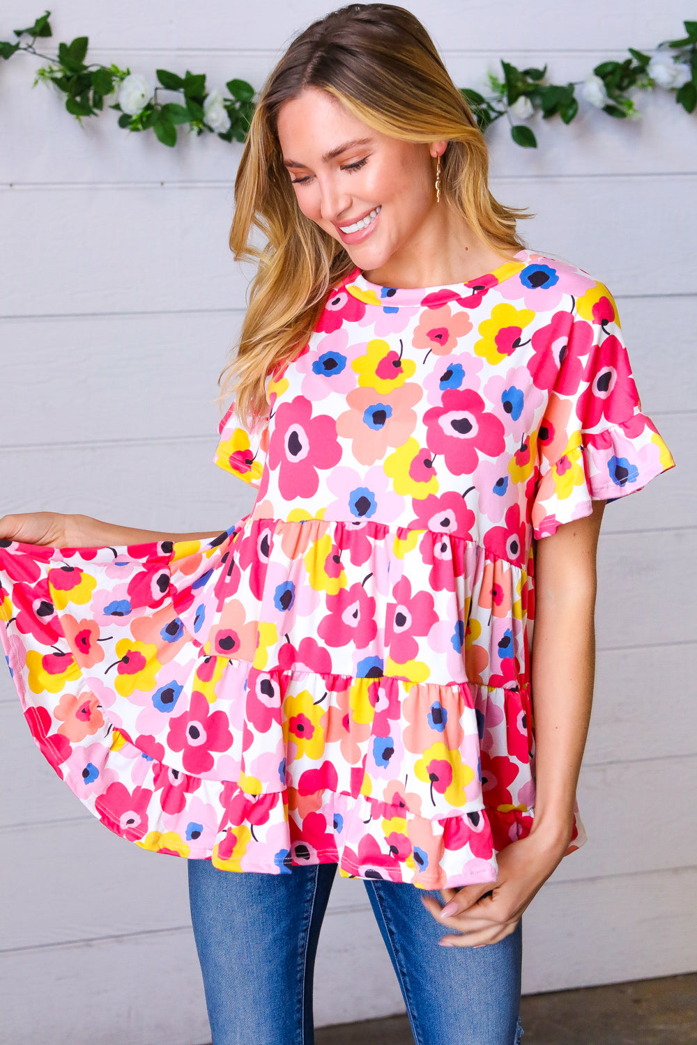 Pink Yellow Floral Ruffle Sleeve Tiered Top