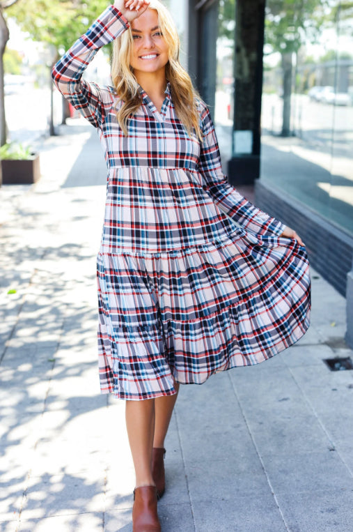 Taupe Plaid Notched Neck Tiered Dress