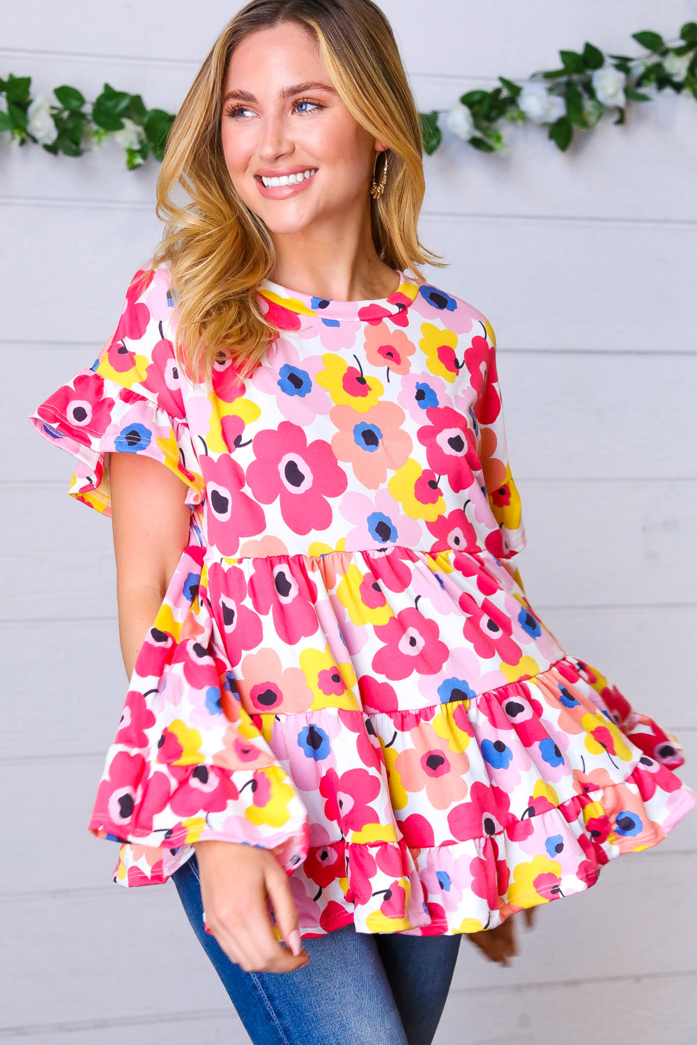 Pink Yellow Floral Ruffle Sleeve Tiered Top