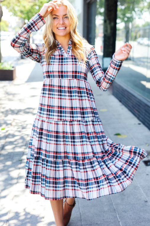 Taupe Plaid Notched Neck Tiered Dress