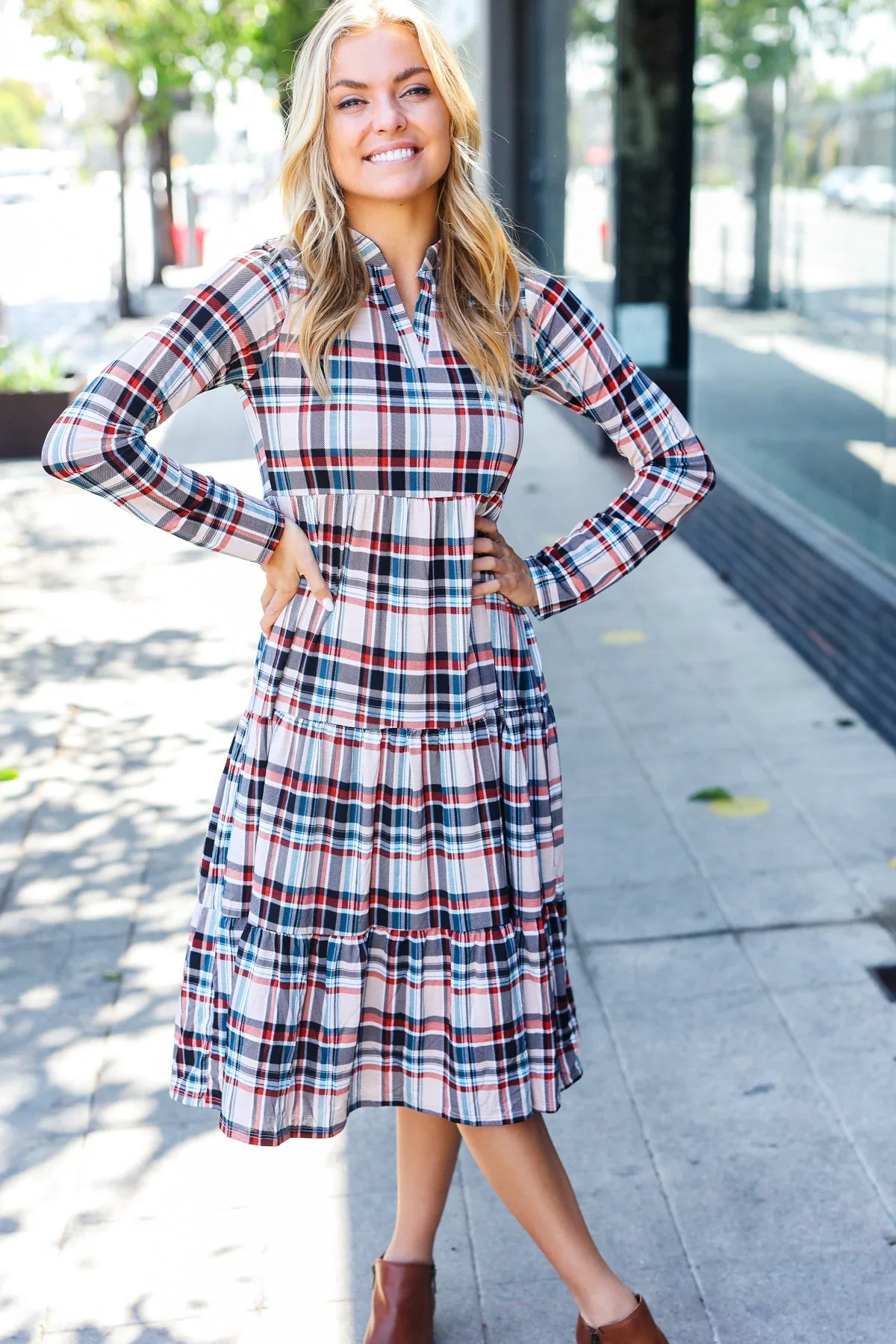 Taupe Plaid Notched Neck Tiered Dress