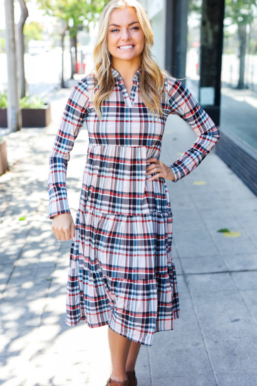 Taupe Plaid Notched Neck Tiered Dress