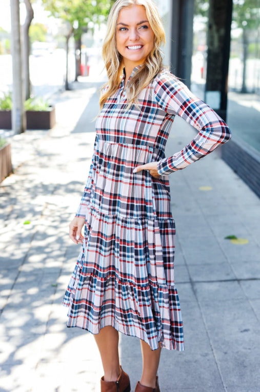 Taupe Plaid Notched Neck Tiered Dress