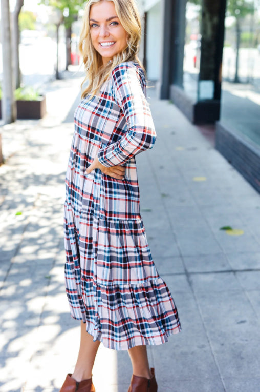 Taupe Plaid Notched Neck Tiered Dress