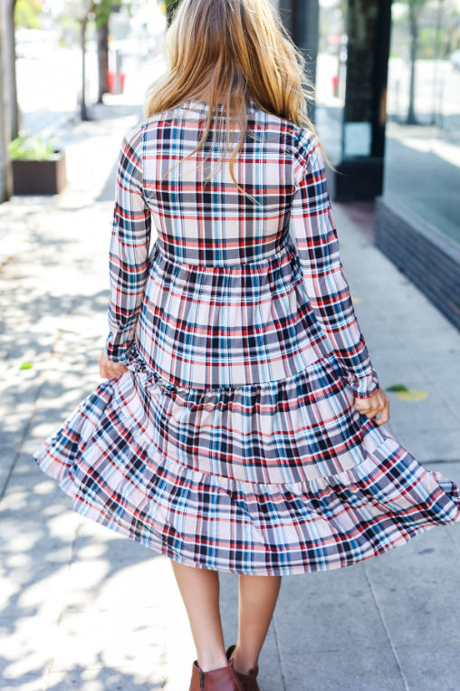 Taupe Plaid Notched Neck Tiered Dress