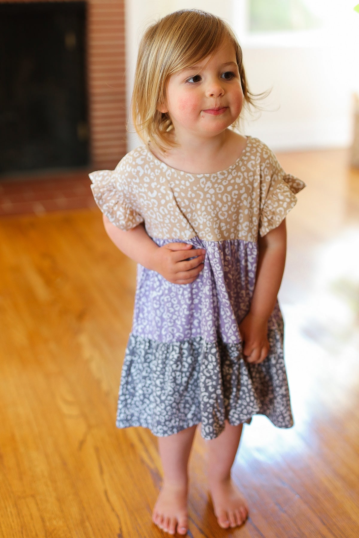 Taupe & Lilac Animal Print Color Block Tiered Dress