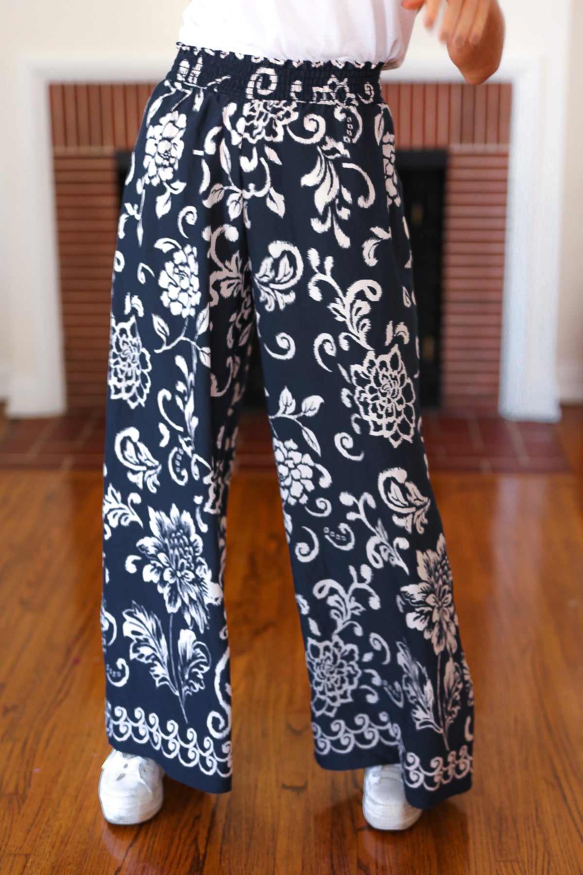 Black Paisley Floral Smocked Waist Palazzo Pants