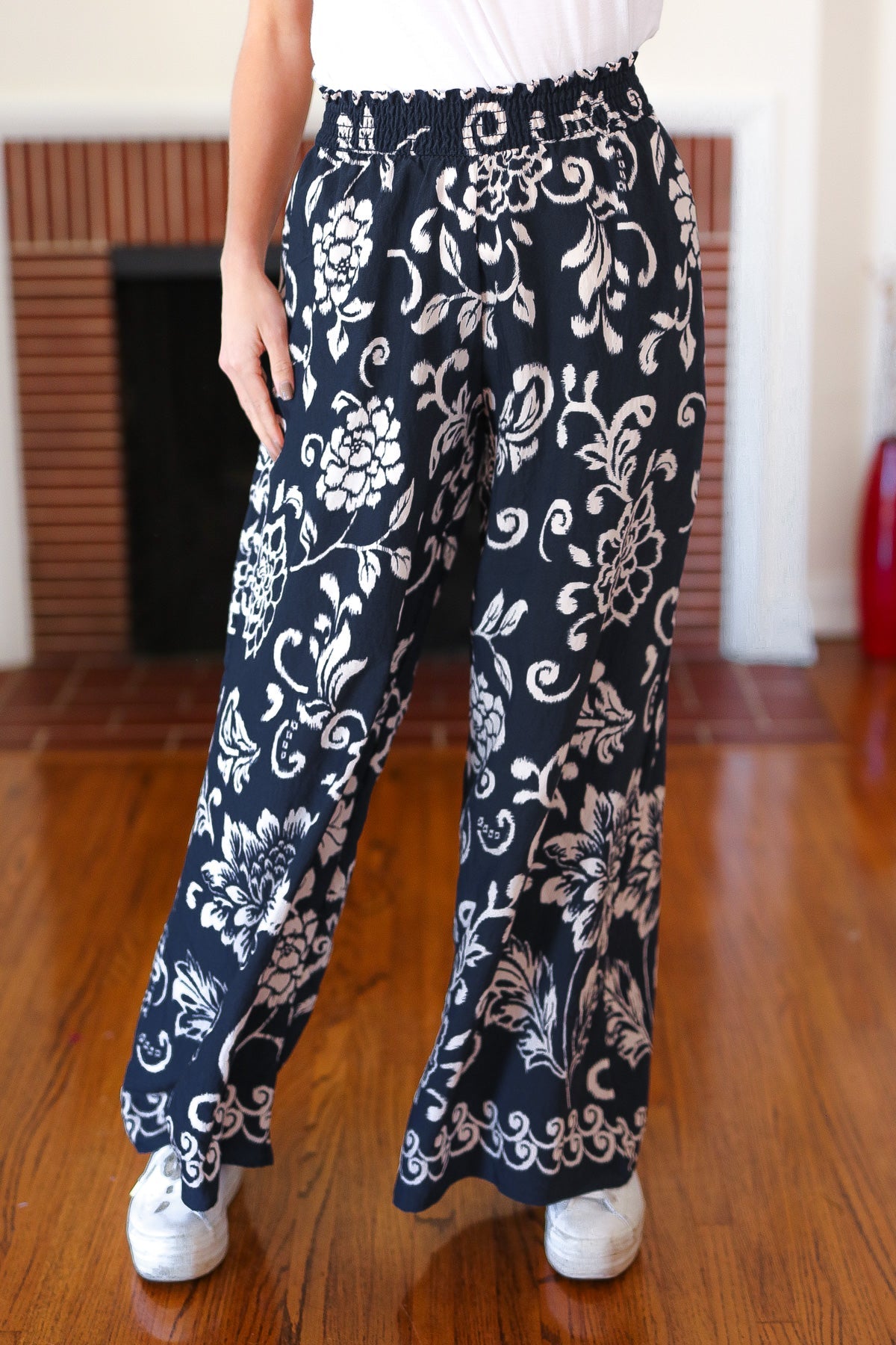 Black Paisley Floral Smocked Waist Palazzo Pants