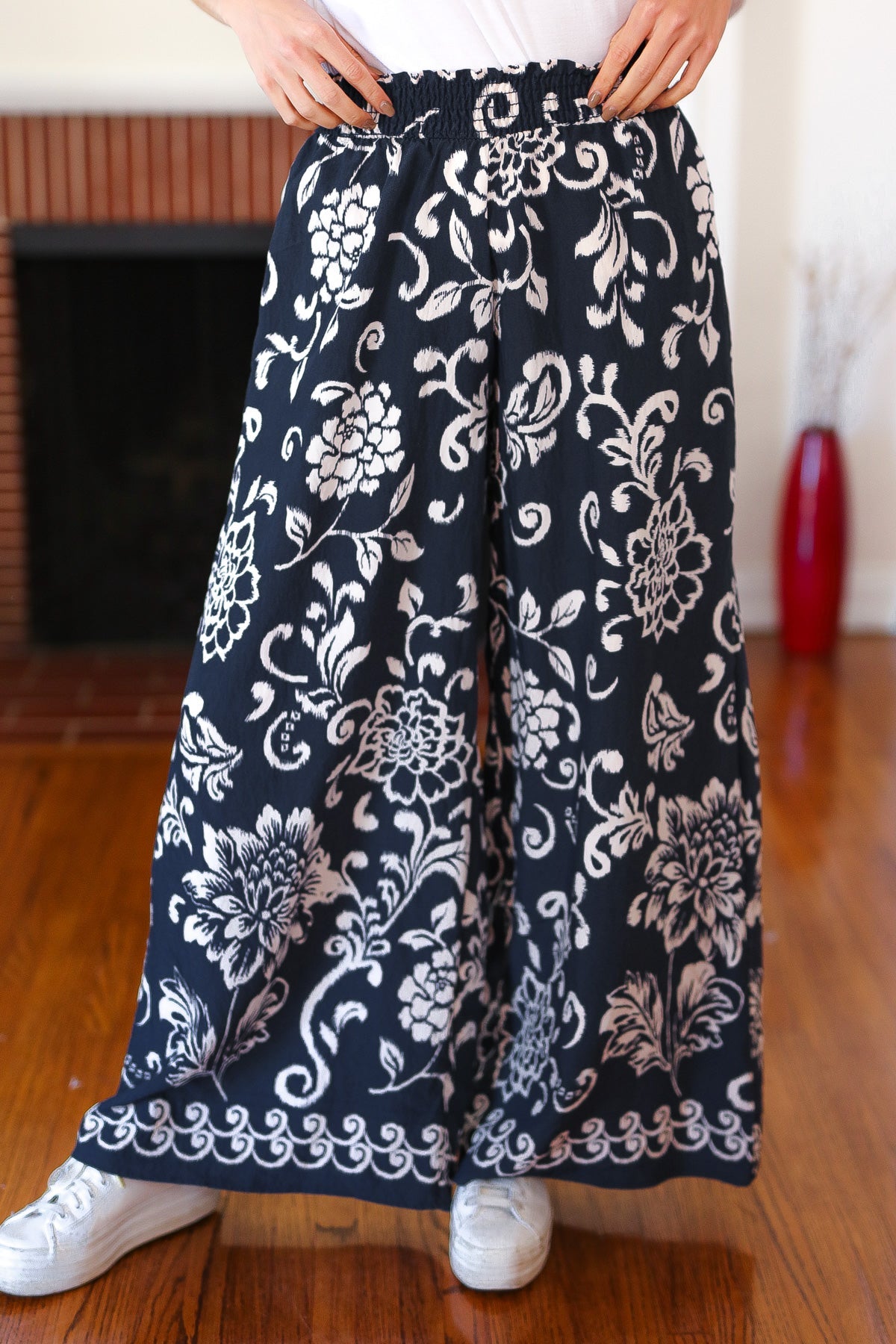 Black Paisley Floral Smocked Waist Palazzo Pants