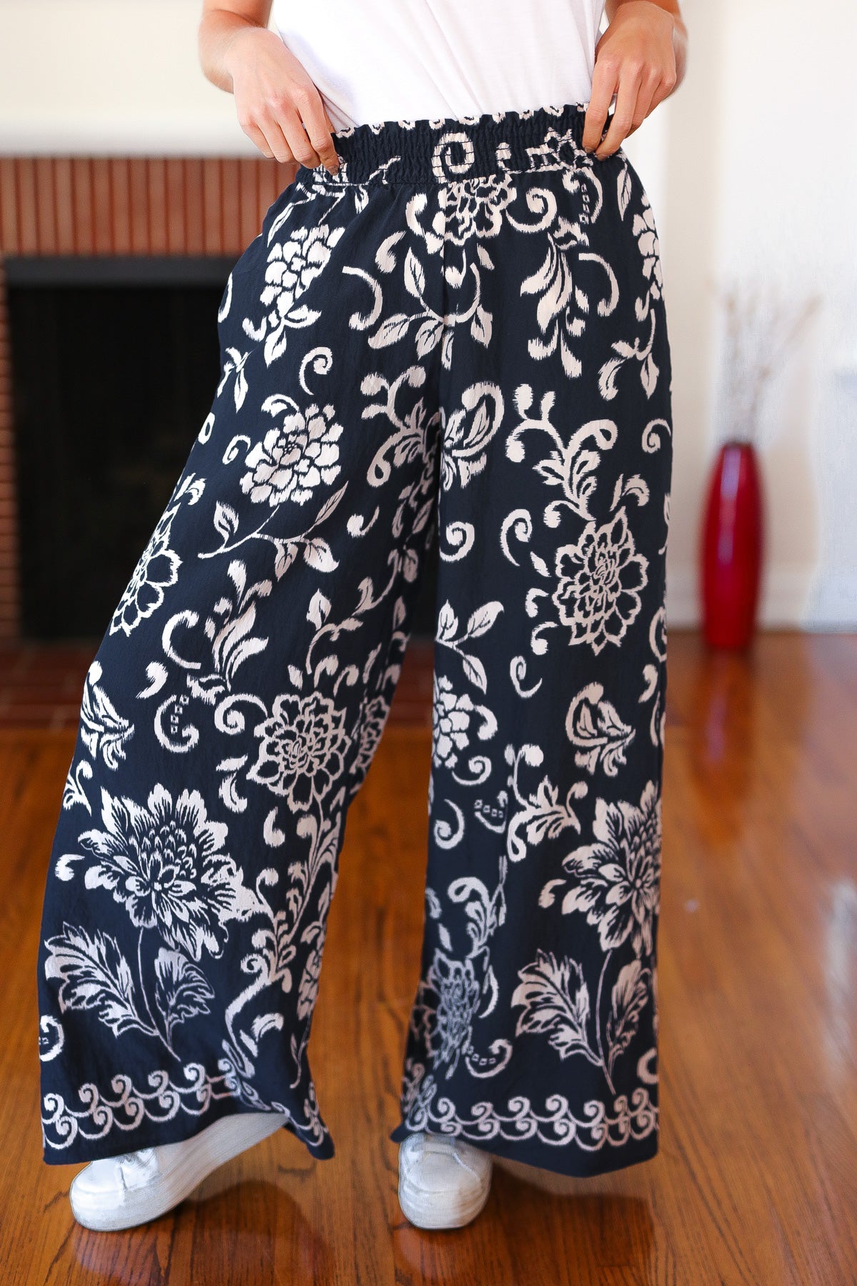 Black Paisley Floral Smocked Waist Palazzo Pants