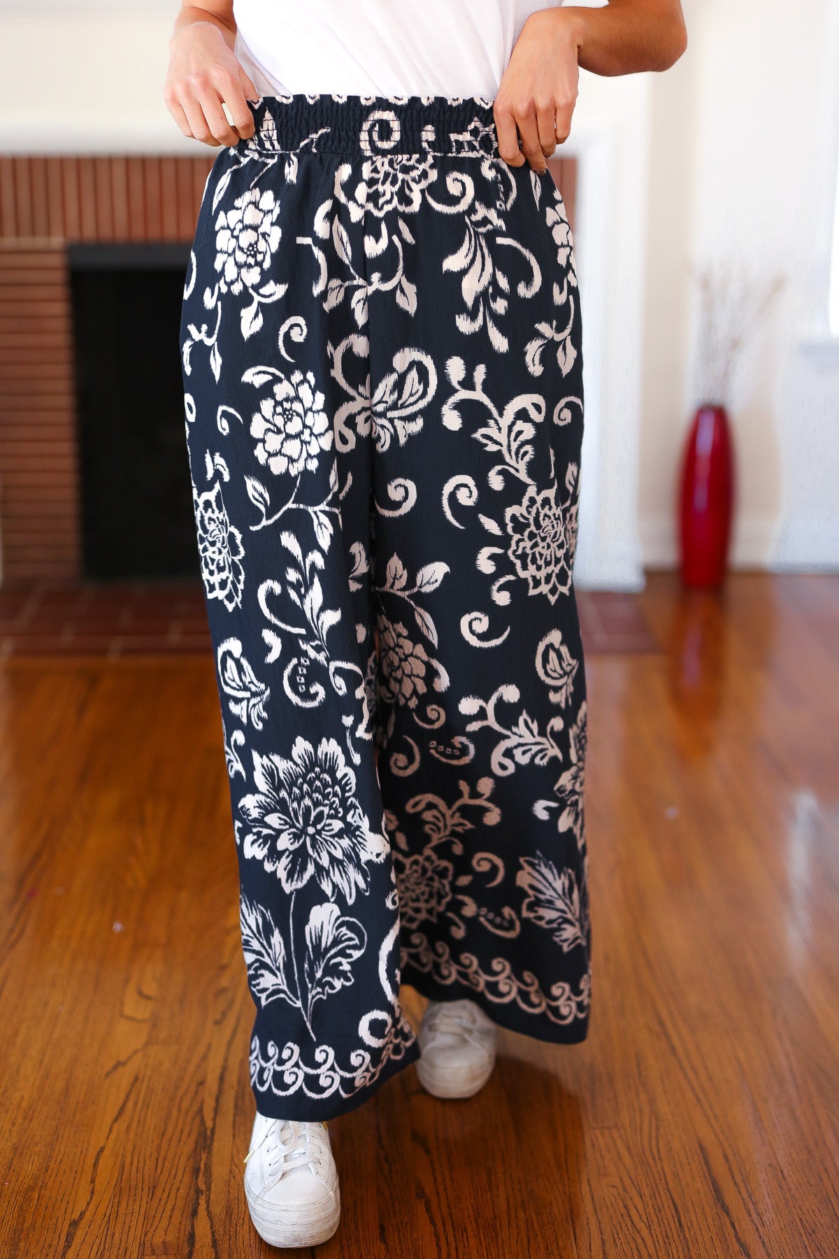 Black Paisley Floral Smocked Waist Palazzo Pants