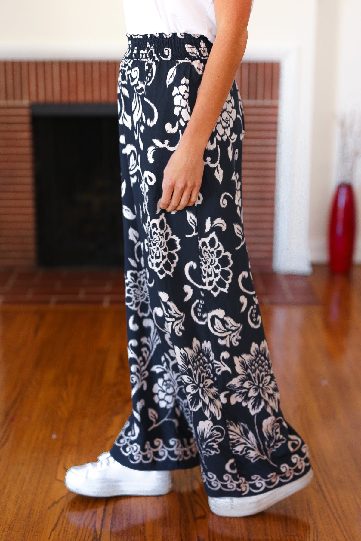 Black Paisley Floral Smocked Waist Palazzo Pants