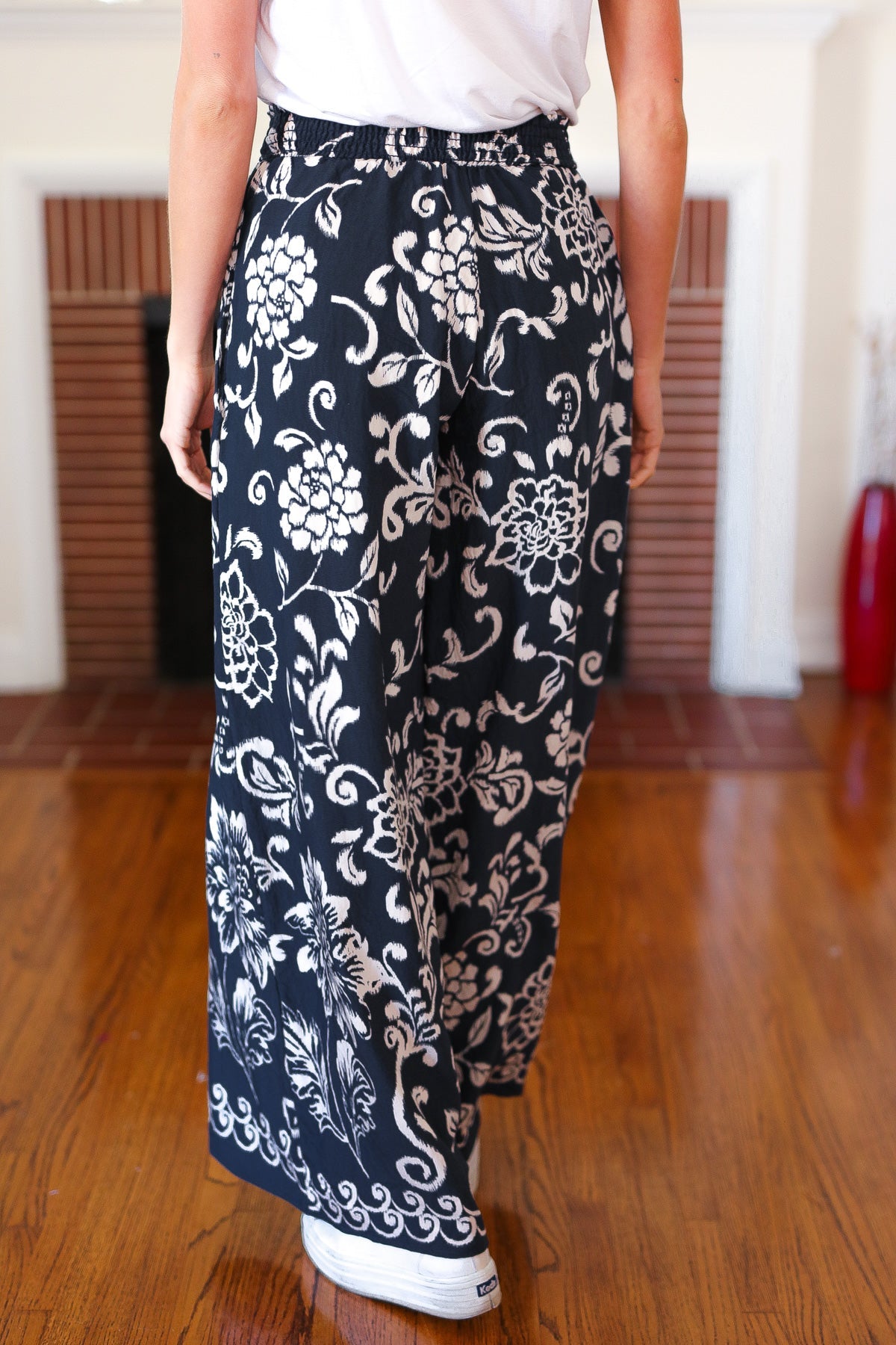 Black Paisley Floral Smocked Waist Palazzo Pants