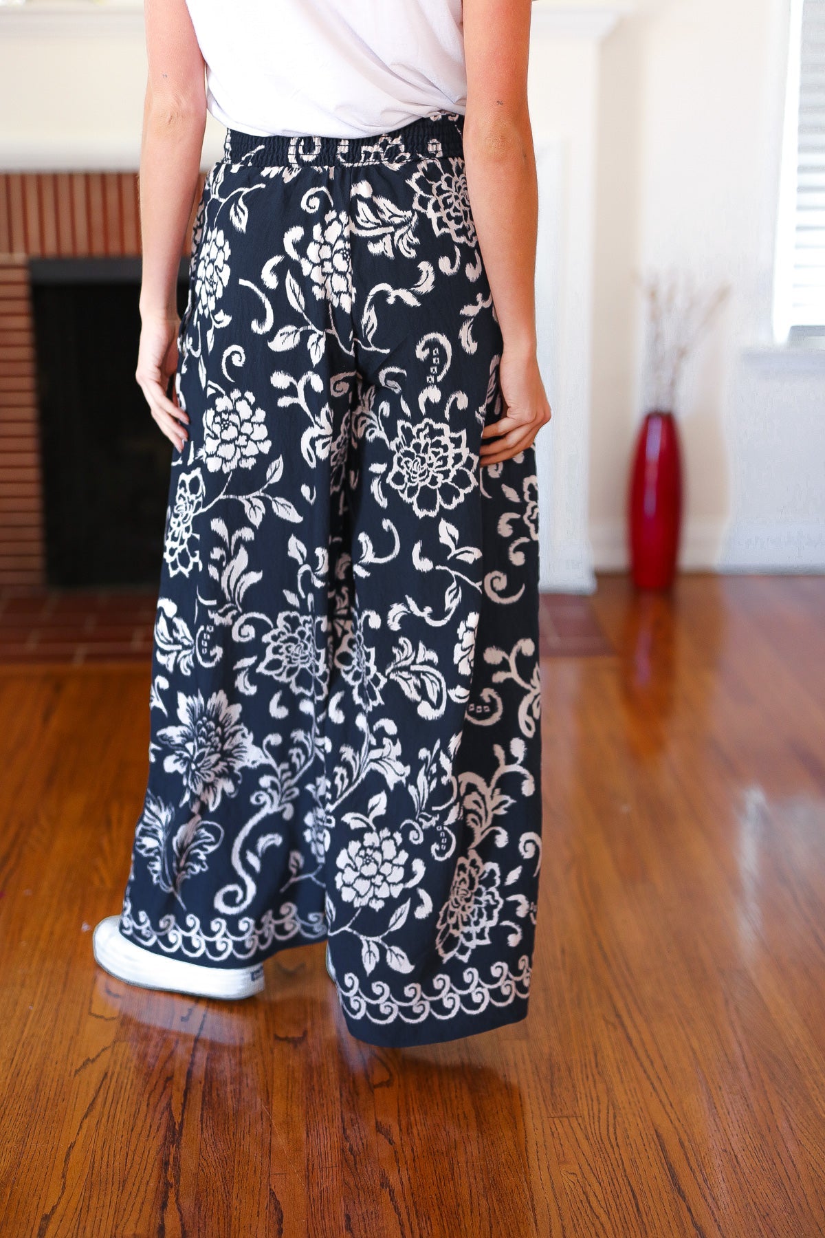 Black Paisley Floral Smocked Waist Palazzo Pants