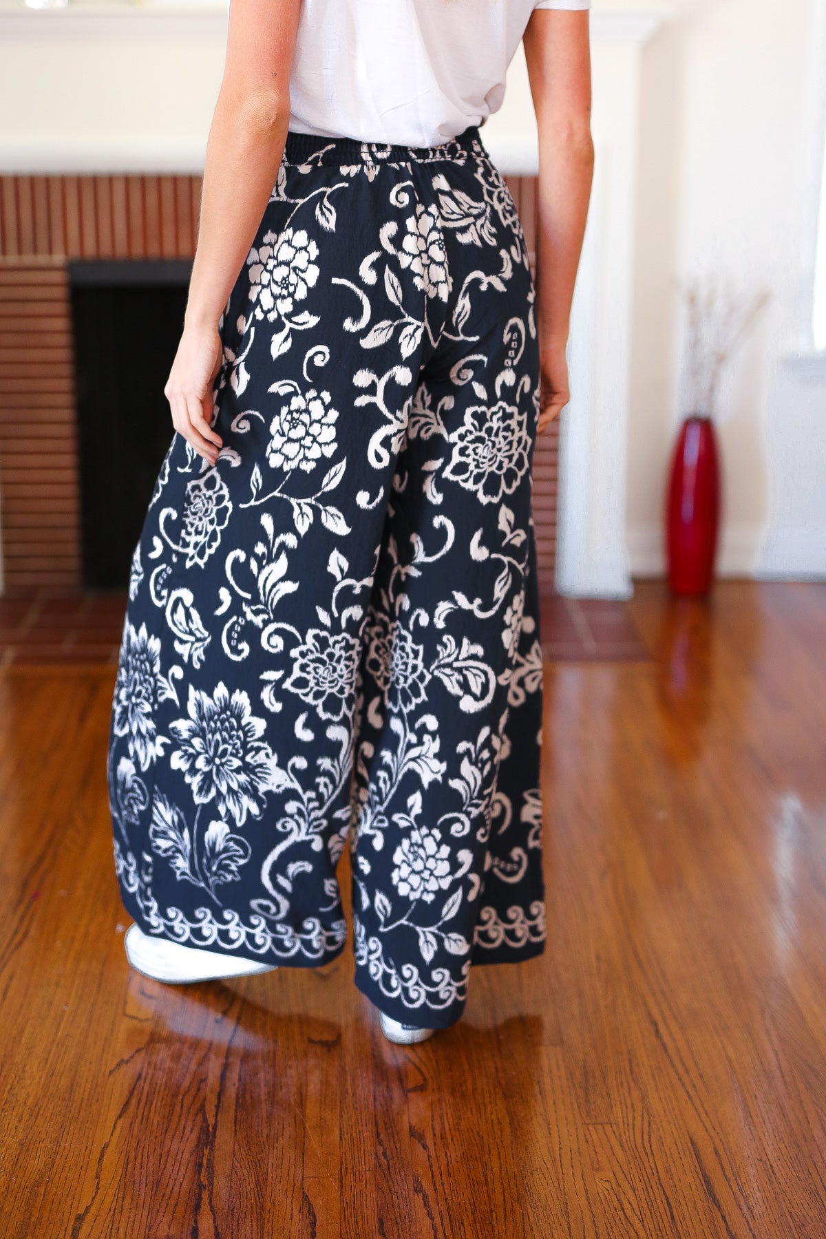 Black Paisley Floral Smocked Waist Palazzo Pants