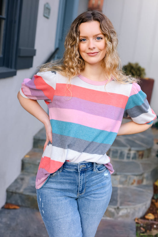 Teal & Rose Striped Hacci Knit Puff Sleeve Top